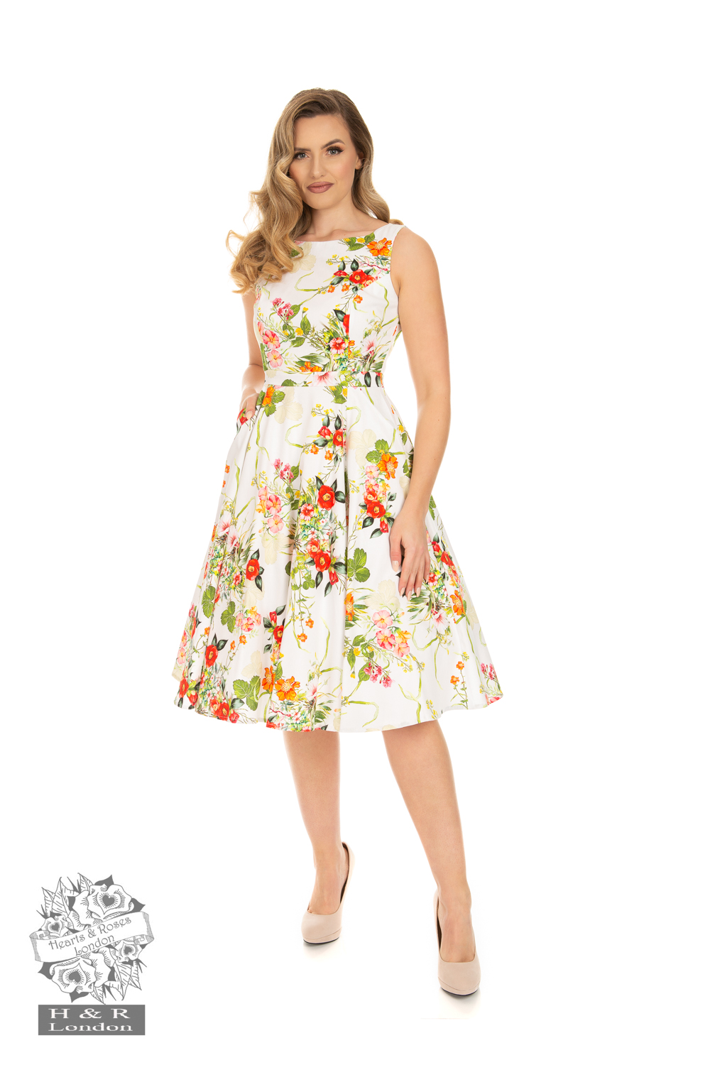 Layla Floral Swing Dress In Cream Hearts And Roses London